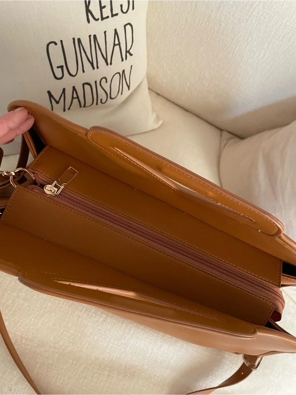 Cognac PU Leather laptop Shoulder Bag with Top Handle